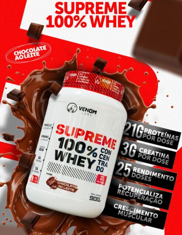 Supreme 100% Whey Concentrado 900g Pote (3g creatina por dose) Venom Labs + **CREATINA 100G MAX TITANIUM BRINDE** - Imagem 2