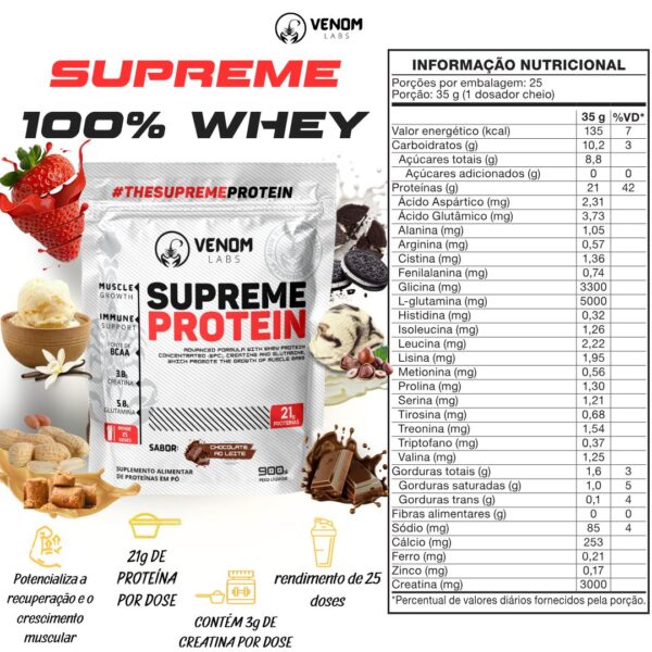 Supreme Whey 100% Concentrado Protein 900g Refil (rendimento 25 doses & 3g creatina) Venom Labs + **DR. PEANUT 250g BRIN - Imagem 3