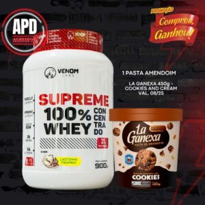 Supreme 100% Whey Concentrado 900g Pote (3g creatina por dose) Venom Labs + **LA GANEXA 450g COOKIES BRINDE**