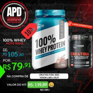 Promoção: 100% Whey Protein Shark Pro 900g Pote + Creatina 300g Venom Labs