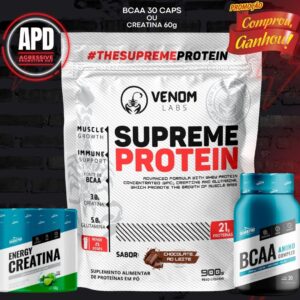 Supreme Whey 100% Concentrado Protein 900g Refil (rendimento 25 doses & 3g creatina) Venom Labs + BRINDE Bcaa ou Creatin