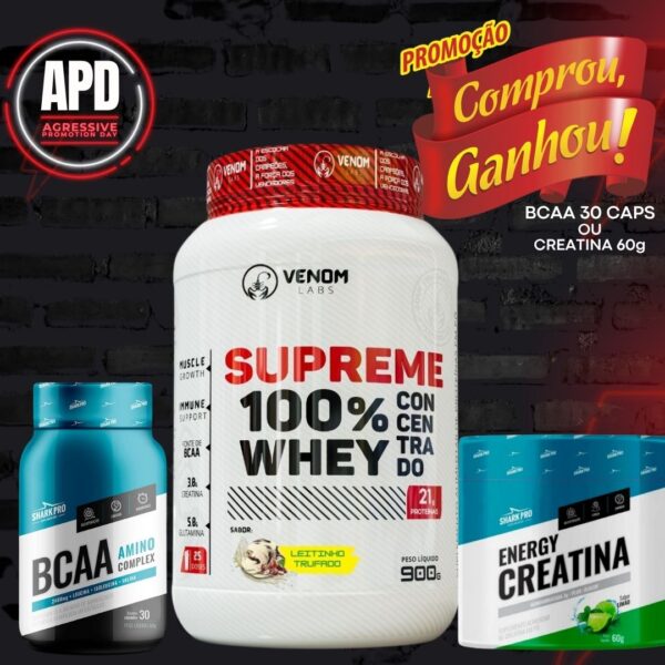 Supreme 100% Whey Concentrado 900g Pote (3g creatina por dose) Venom Labs + **BRINDE** - Imagem 2