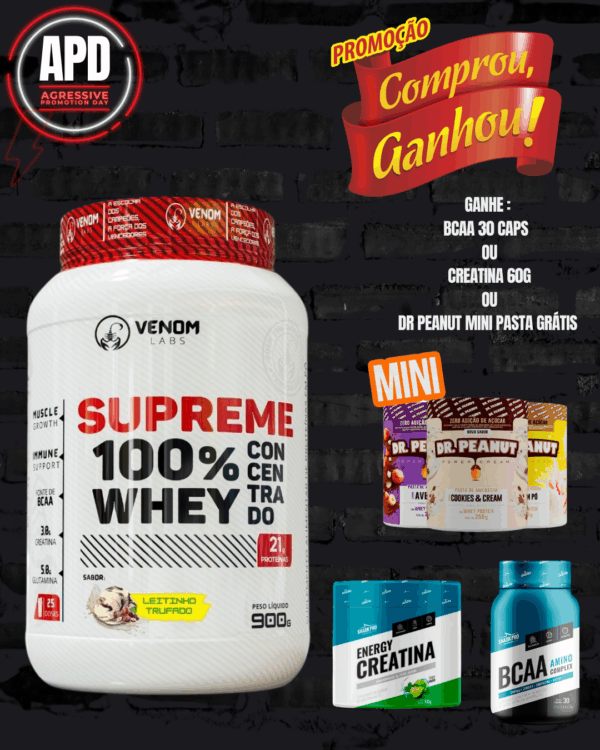 Supreme 100% Whey Concentrado 900g Pote (3g creatina por dose) Venom Labs + **BRINDE**